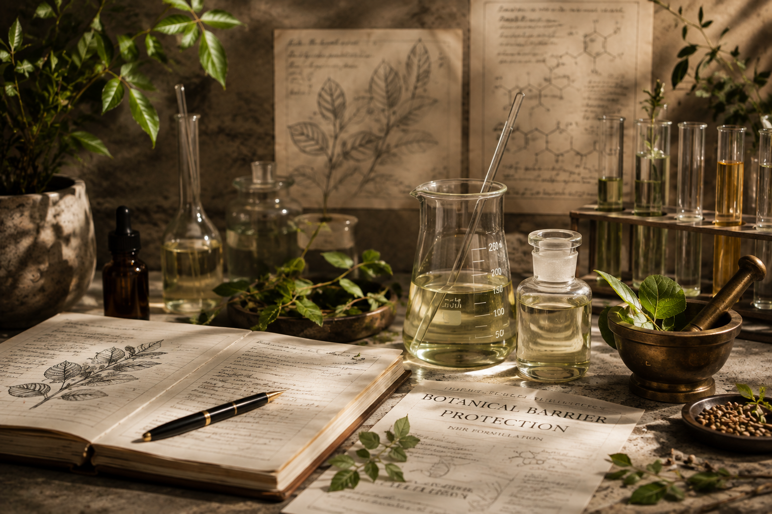 Botanical extraction and barrier formulation research workspace with laboratory glassware and research notes