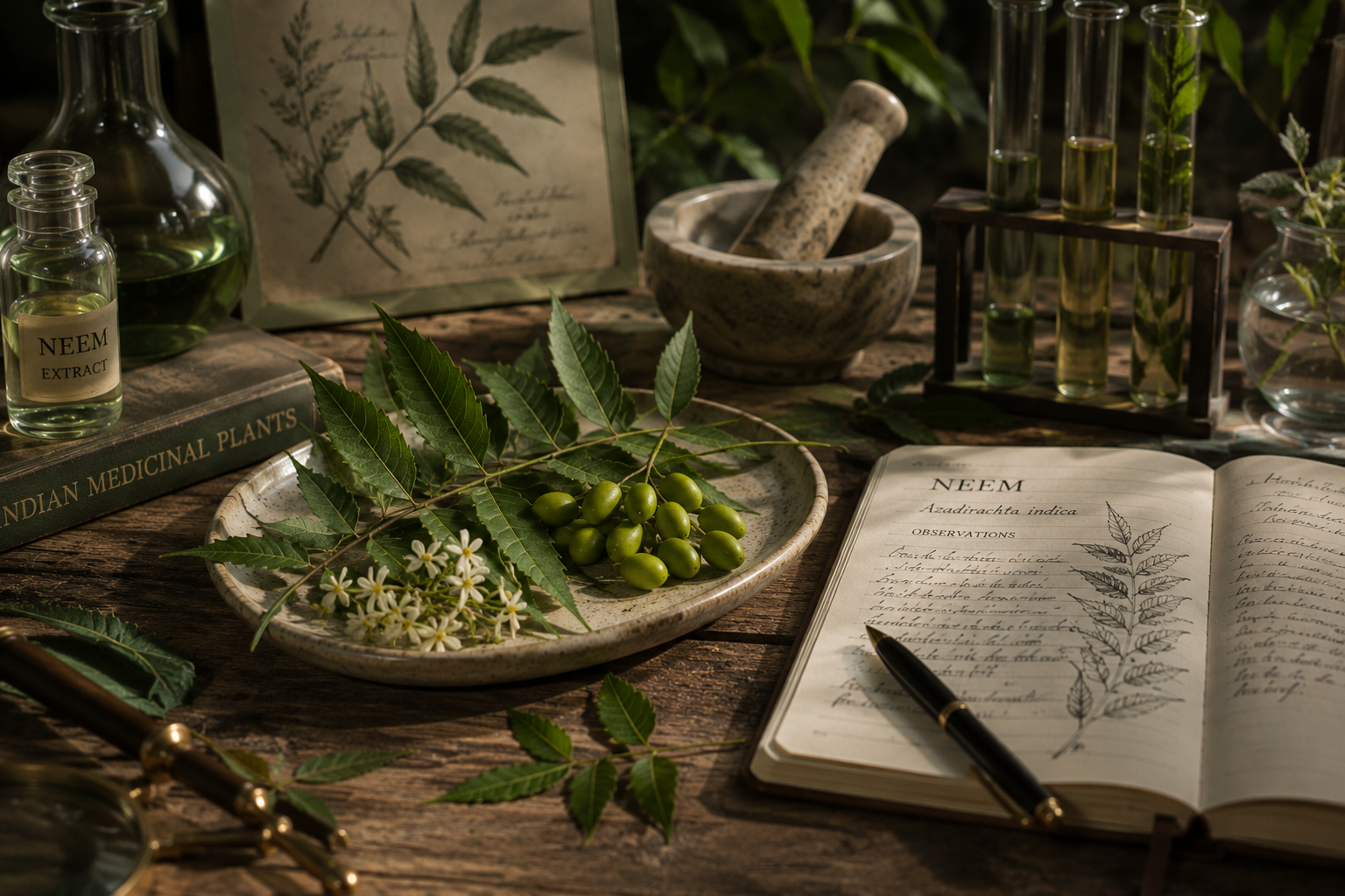 Fresh neem leaves, berries, and botanical observation notebook