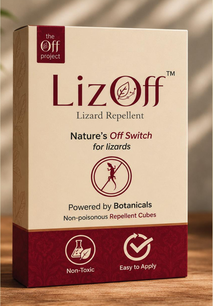LizOff repellent cubes packaging box on wood surface