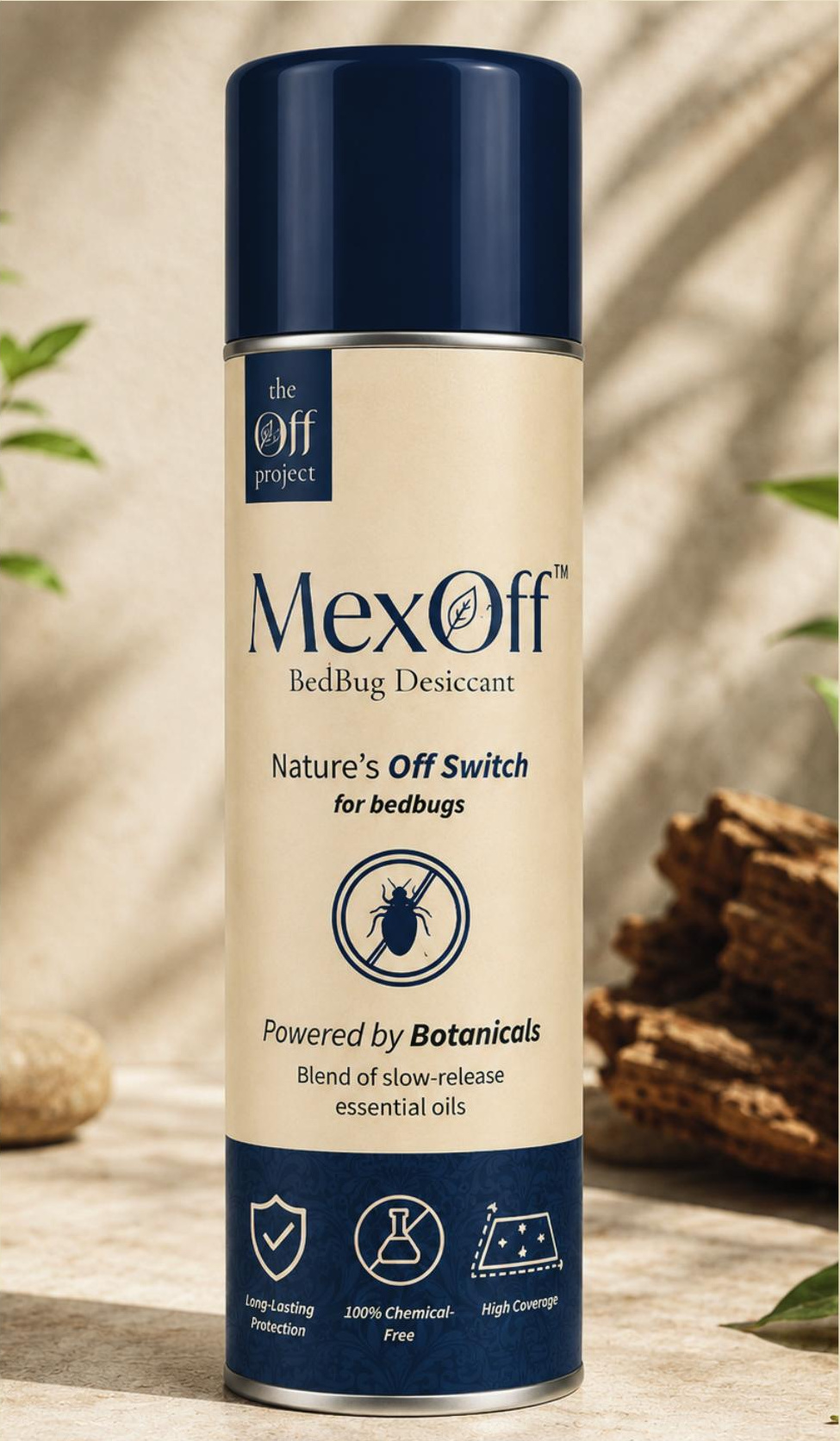 MexOff aerosol can packaging beside linen bedding
