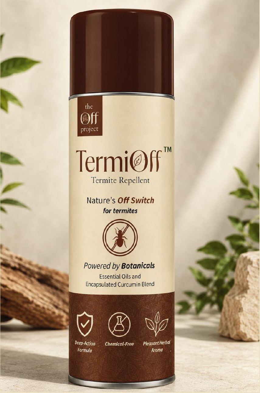 TermiOff termite repellent aerosol can packaging beside timber