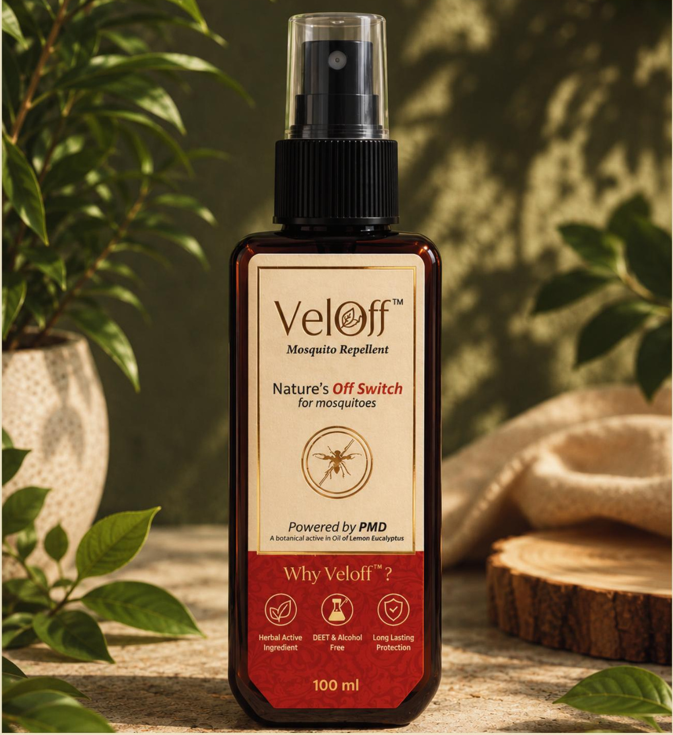 VelOff amber bodyspray bottle on wooden surface surrounded by foliage
